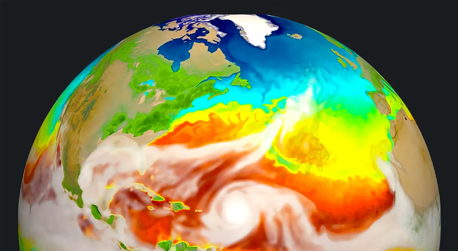 Эта симуляция, созданная с помощью Energy Exascale Earth System Model, показывает ураган, который движется через Атлантический океан к Северной Америке.